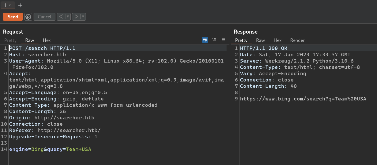 Searcher.htb request in Burp Suite