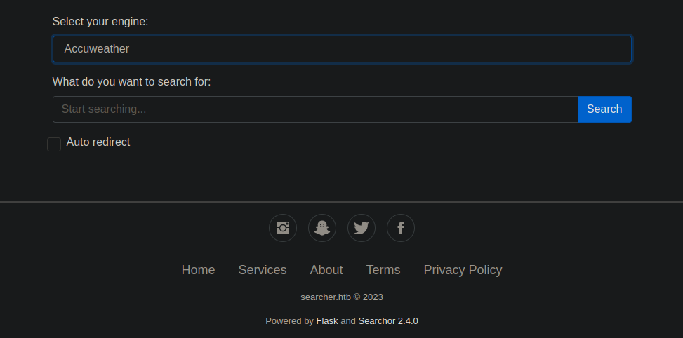 Searcher.htb website footer